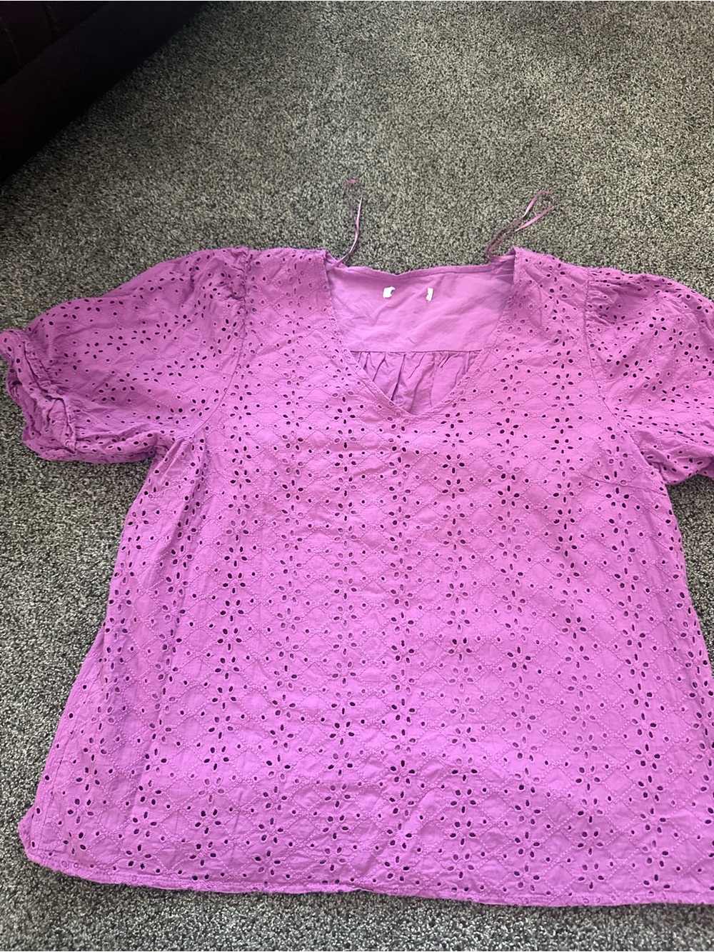 Draper James Purple Eyelet V-Neck Puff Sleeve Top